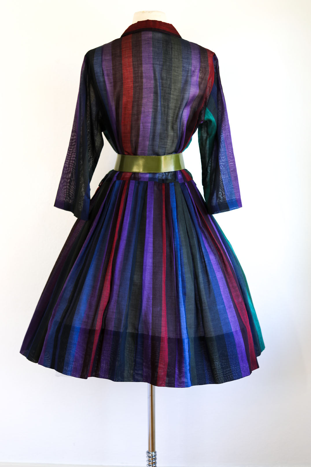 Vintage 1950s Dress - Volup! Autumn Jeweltone Rainbow Stripe Cotton Voile Shirtwaist Size XL