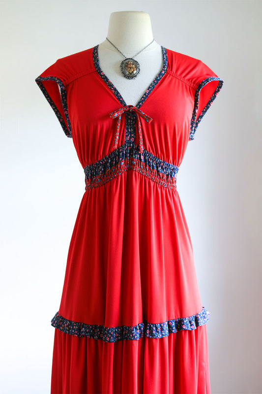 Vintage 1970s Dress - Spicy Paprika Red Jody T. of California Jersey Maxi Gown Sundress Size M to L