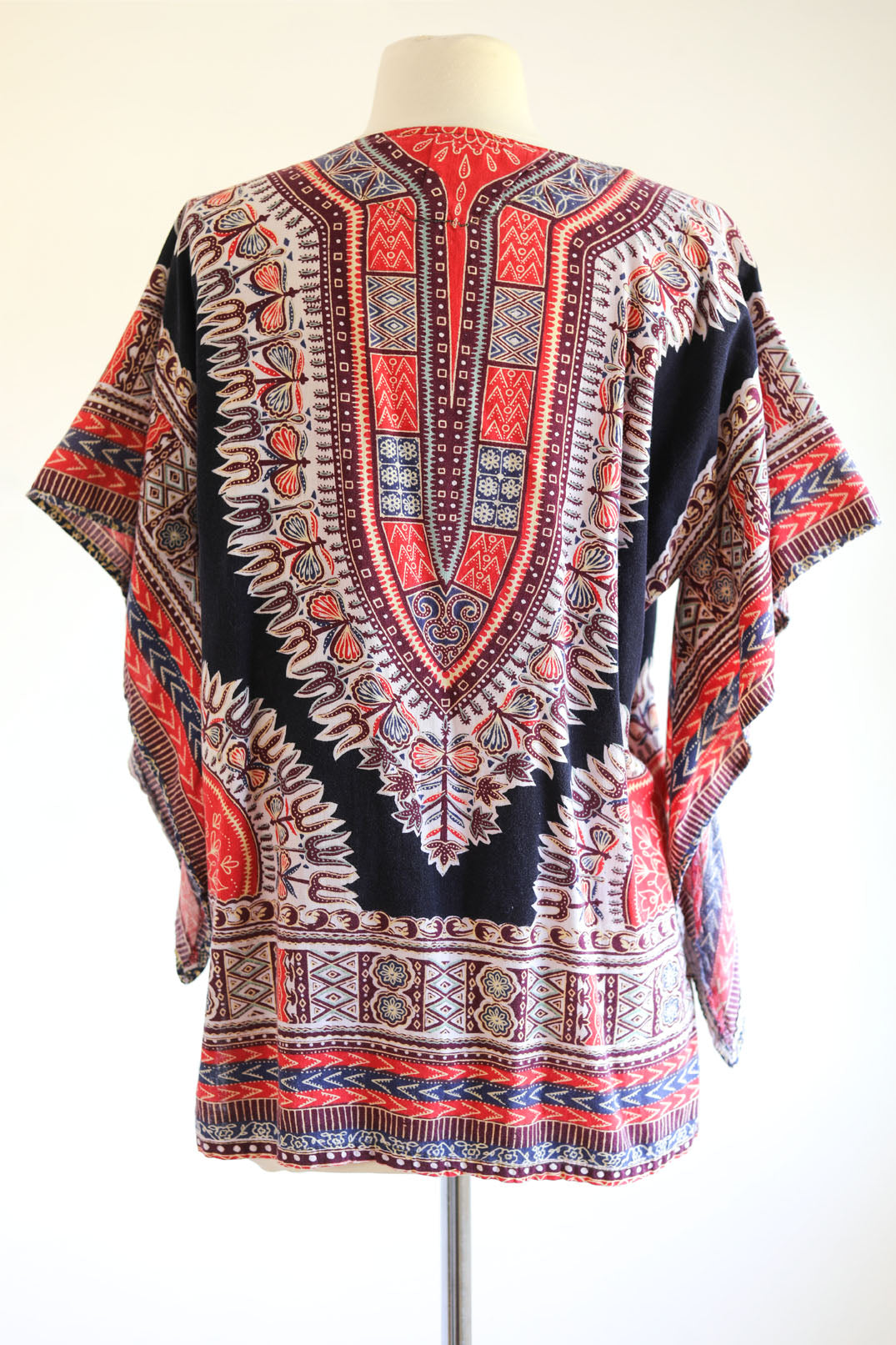 Vintage 1970s Dashiki Blouse - Block Print Indian Cotton Soft Tunic Top w Pockets Size L to XL