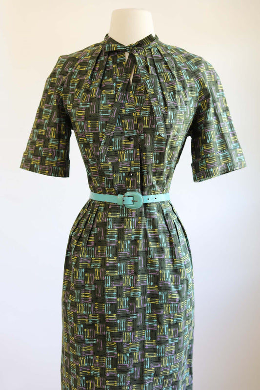 Vintage 1950s Novelty Print Dress - SCARCE and CUTE Olive Green Atomic Tableware Shirtwaist Size M to L