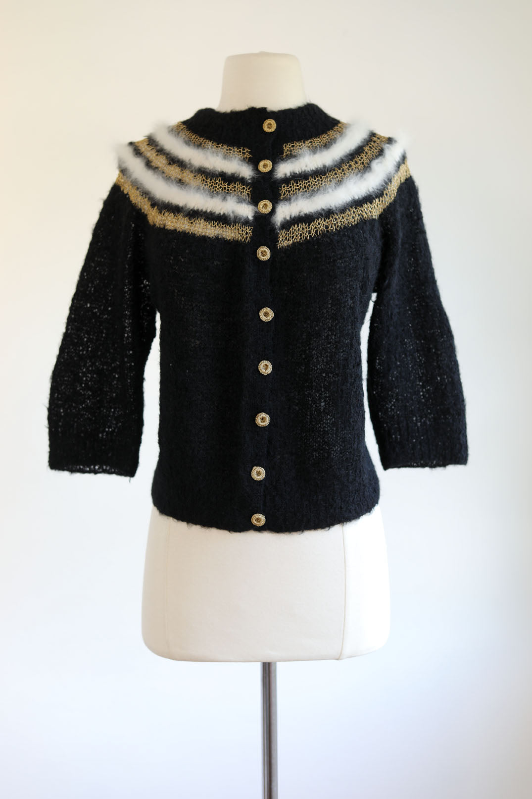 Vintage 1950s Sweater - Shaggy Black Mohair Wool w Angora Bunny