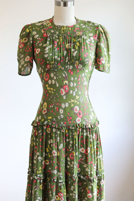 Vintage 1940s Dress - Wartime Era Olive Green w Coral + Butter Floral & Feathers Print Rayon Frock Size S to M