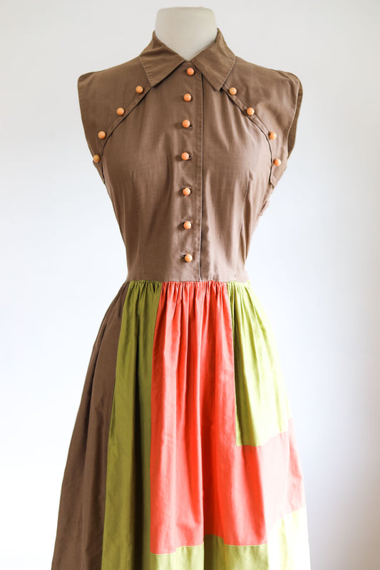 Vintage 1940s Dress - Hal-Mar Juniors Cocoa Pumpkin Chartreuse Color Block Sundress Size M
