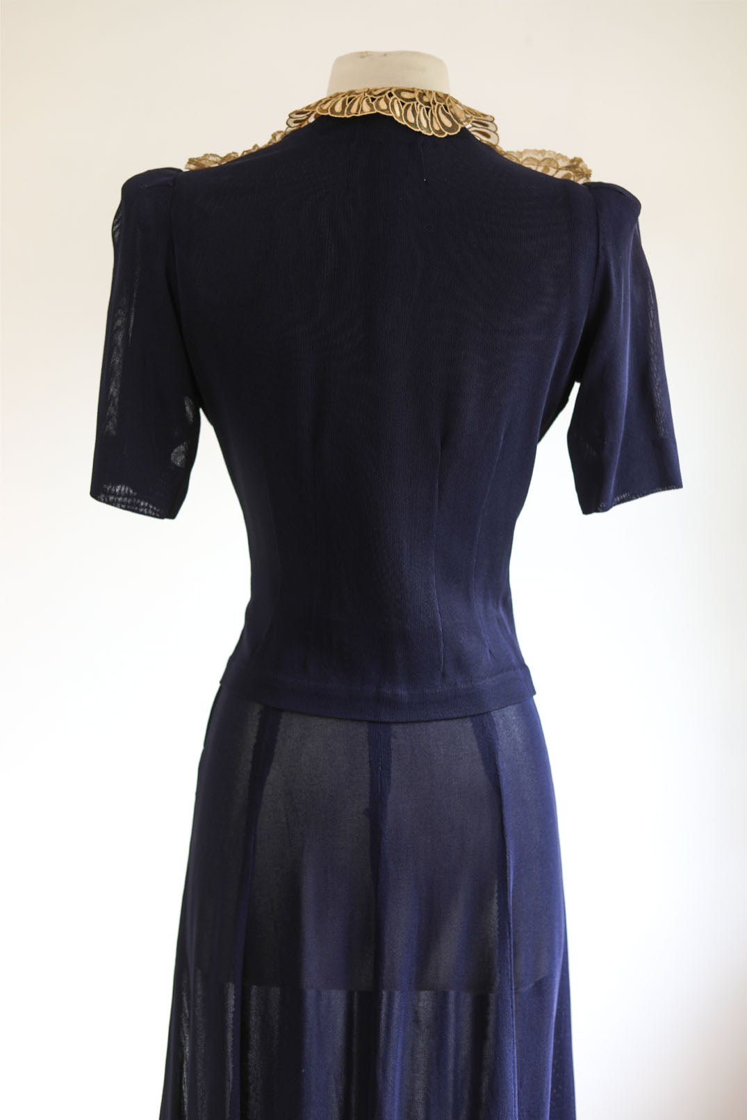 Vintage 1930s Dress Set - Sexy Midnight Blue Rayon Mesh Puff Sleeve w Matching Silk Trim Jacket Size S to M