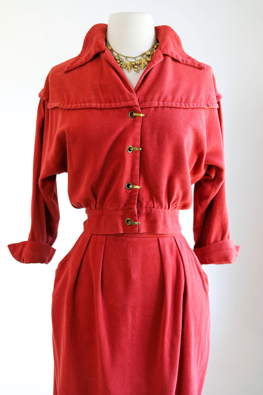 Vintage 1940s to 1950s Suit - Rare! Spectacular Auburn Spice Rayon Velour w Brass Clasps Jacket + Pencil Skirt Size XS to S