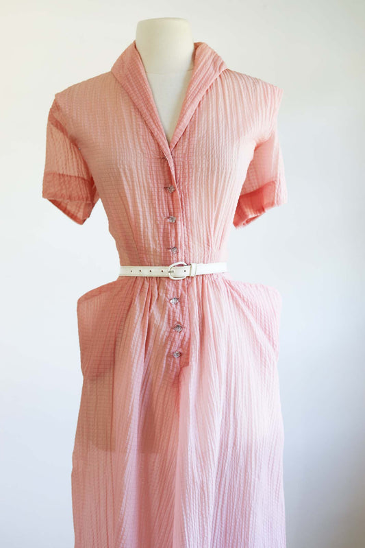 Vintage 1950s Dress - Sheer Rose Seersucker Peg Pocket Shirtwaist w Ice Cube Buttons Size M to L