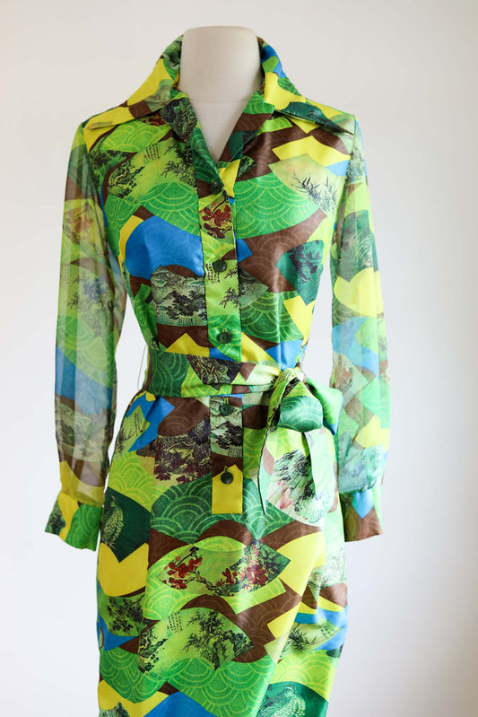 Vintage 1960s to 1970s Dress - Serbin of Florida Green Novelty Print Birds Mod Shirtdress Size S to M
