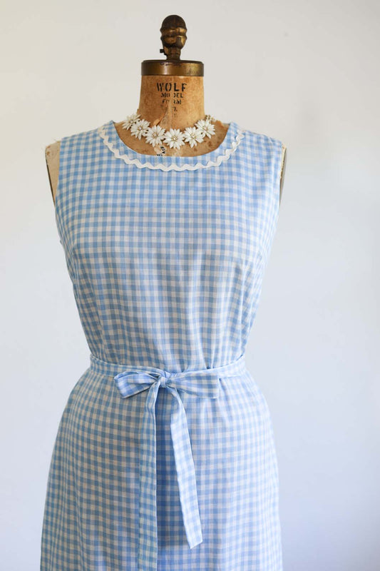Vintage 1960s Dress - VOLUP Pastel Blue White Gingham Plaid Lounging Sundress w Rickrack and Belt Size L to XL