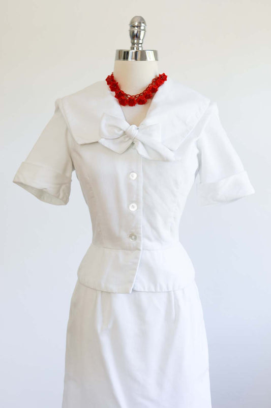 Vintage 1940s Summer Suit - CRISP White Tropical Sailor Cotton Pique Peplum Jacket + A-line Skirt Size S - M