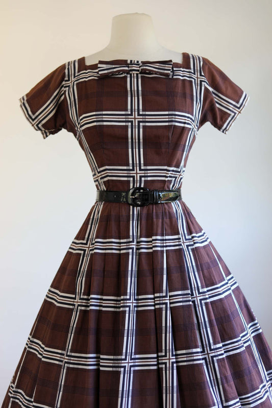 Vintage 1950s Party Dress - Smart Espresso Black White Plaid Cotton w Bowtie Dress Size XS to S