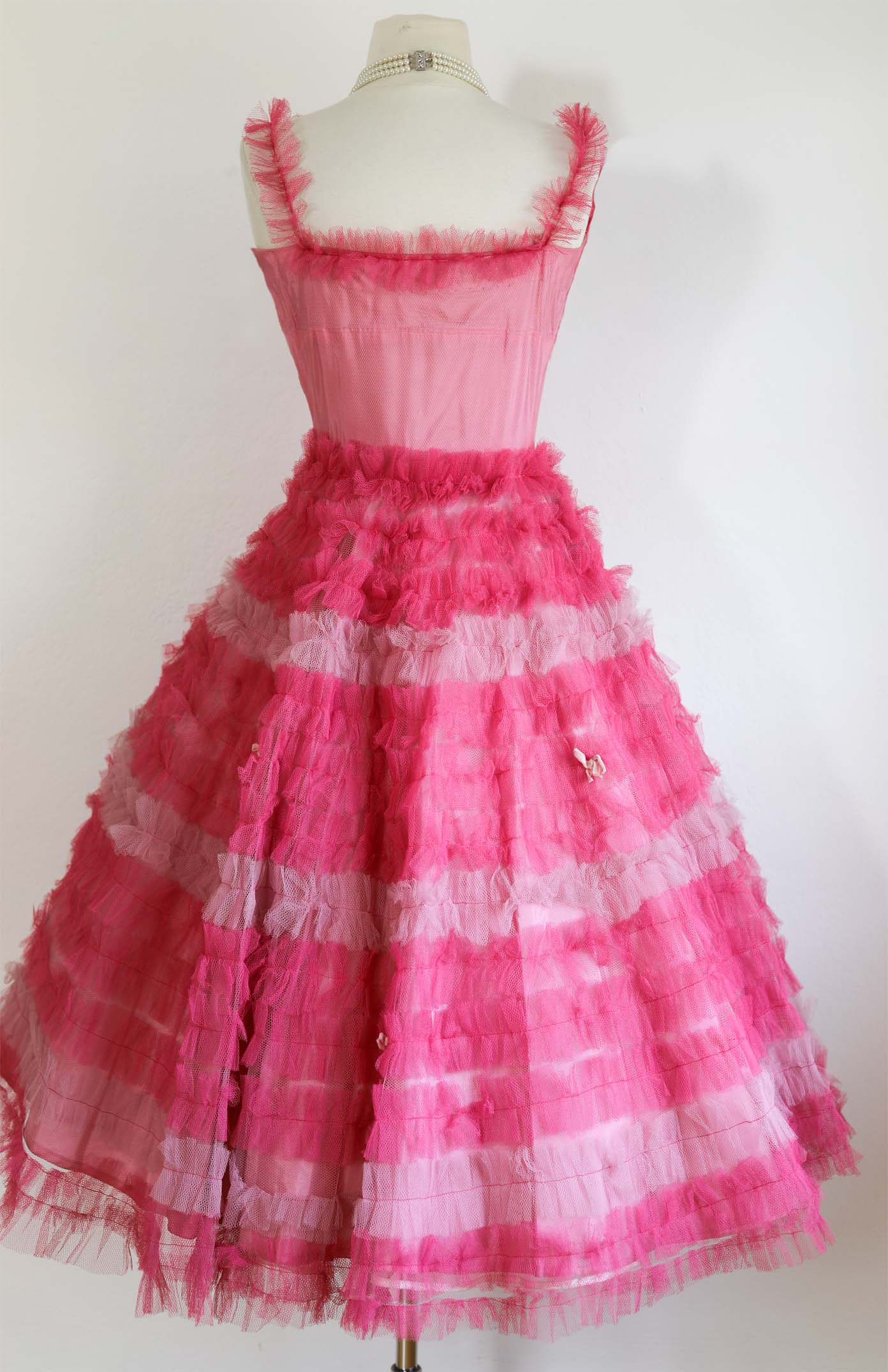 Vintage 1950s Prom Dress - Utterly Unbelievable Shocking Pink Tulle Tea Length Party Dress Size XS