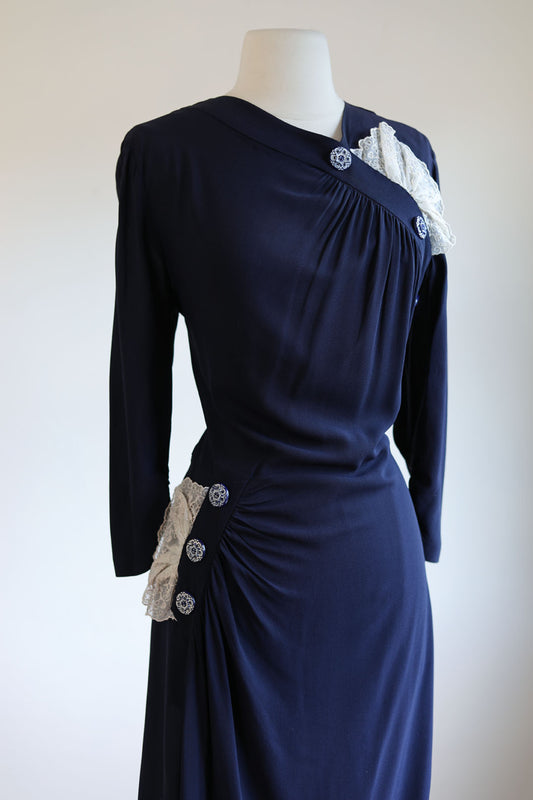 Vintage 1940s Dress - Stellar Midnight Blue Rayon Draped Asymmetrical w Button + Organdy Details Size L