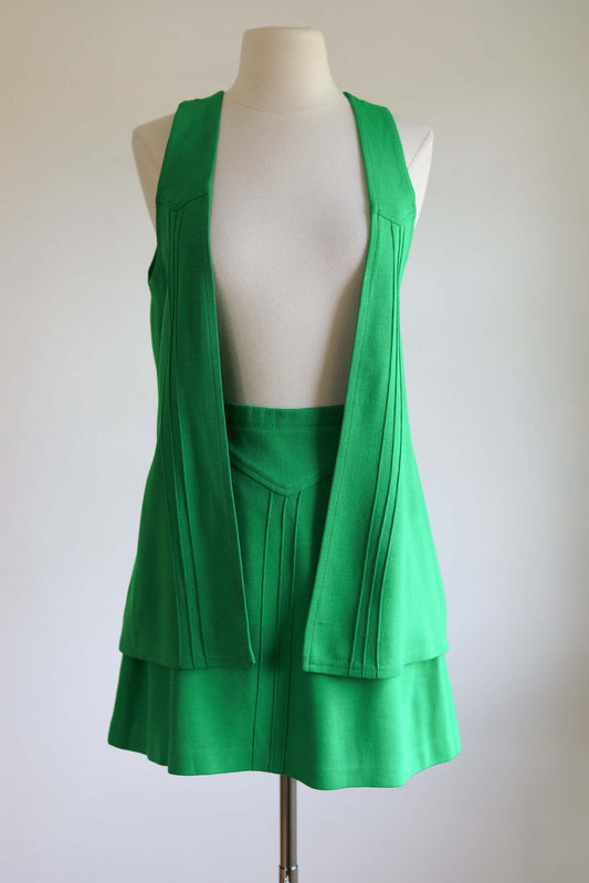 Vintage 1960s Designer Vest Skirt Knit Set - Frog Green Jersey Knitwear Joshua Tree Vest Top + Miniskirt Size M