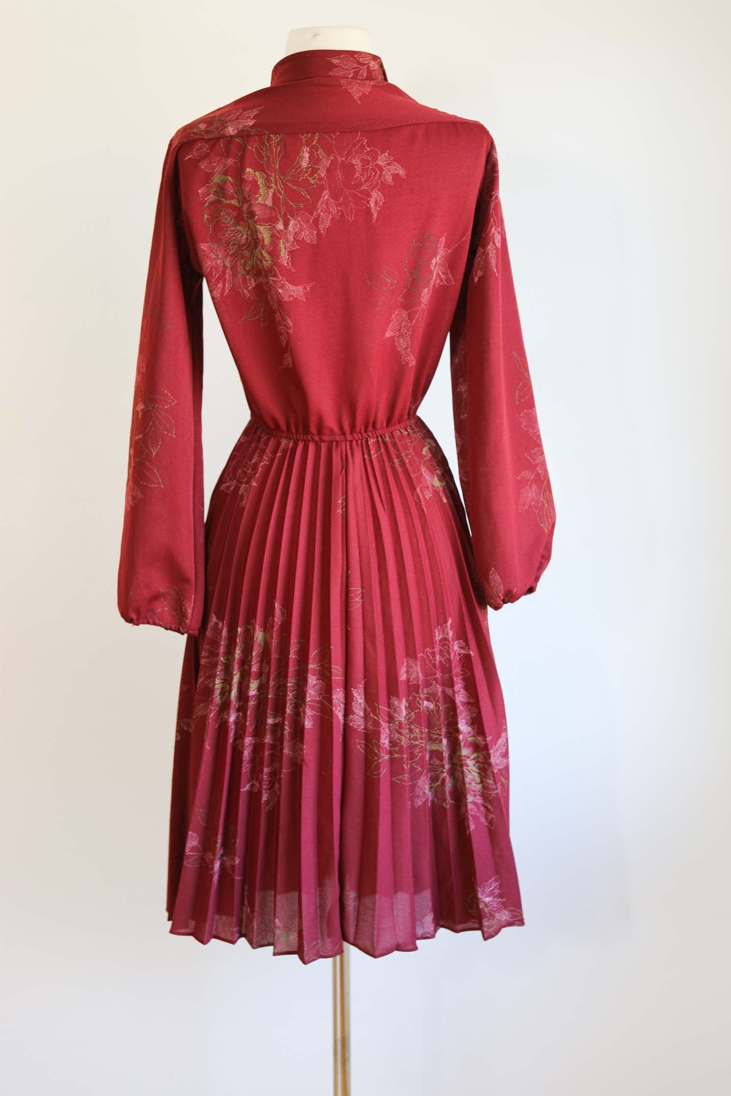 Vintage 1970s Dress - Moody Oxblood Gold Pink Autumn Leaf Balloon Bishop Sleeve Dress Size M