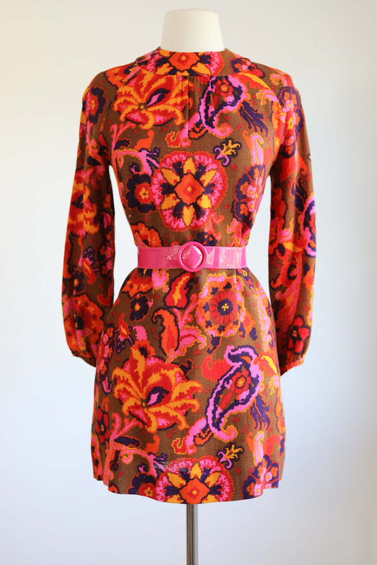 Vintage 1960s Mini Dress - Vibrant Psychedelic Hot Pink Floral Barkcloth Mod Dolly Size S