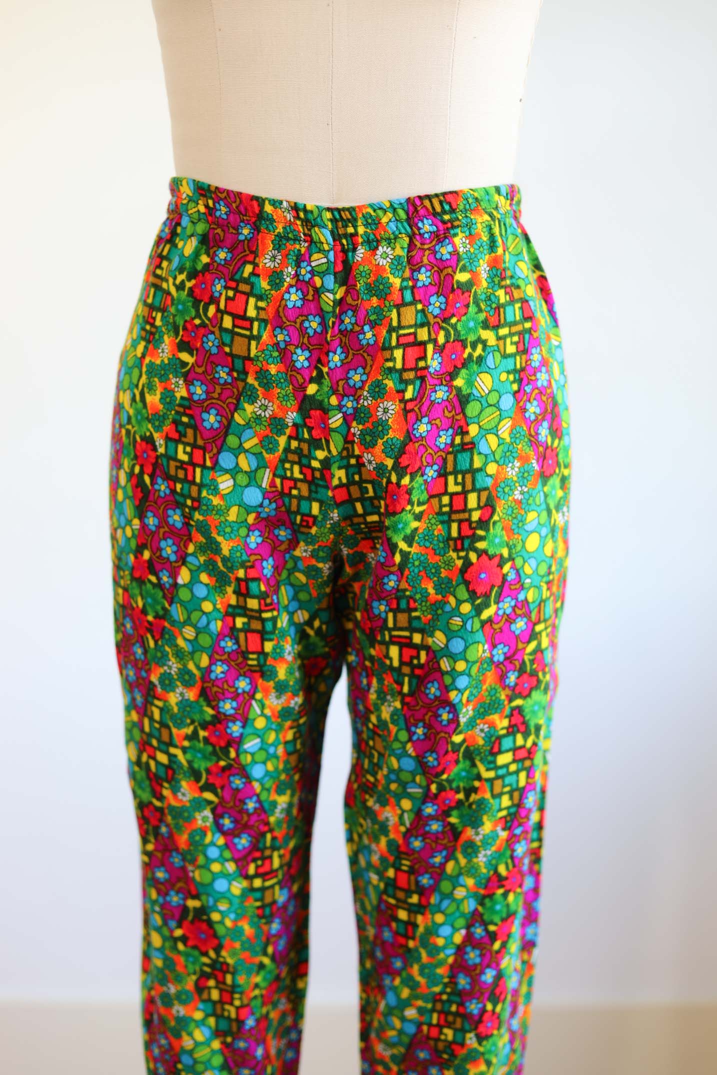 Vintage 1960s Psychedelic Pant Suit - Acid Neon Print Designer Metal Zip-up Top + Cigarette Pants Size M