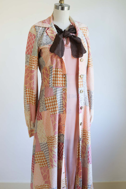Vintage 1960s to 1970s Maxi Coat Dress - Dreamy Patchwork Pastel Slinky Jersey Duster Dress Size S - M