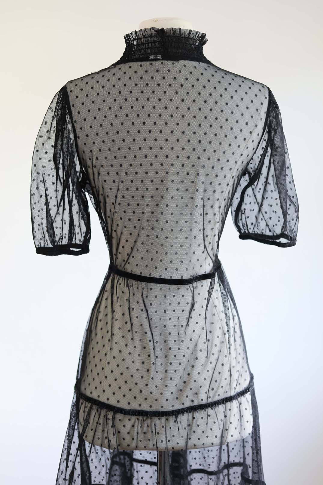 Vintage Y2K Goth Dress - Ideal Black Dotted Mesh w Velveteen Sheer Ruffles Midi Gown Size M to L