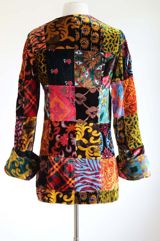 Vintage 1970s RARE Patchwork Velvet Jacket - Stunning Prints Boho Queen Short Coat Size S to M