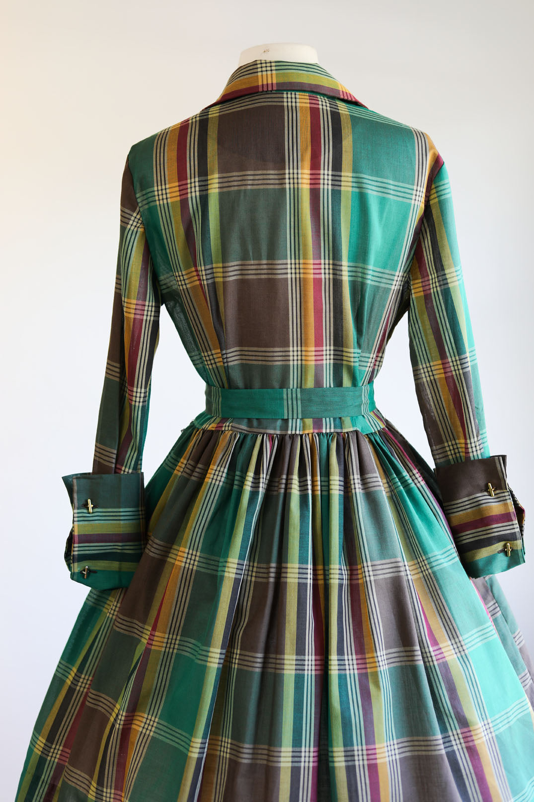 Vintage 1950s to 1960s Shirtwaist - Vivacious Pine Mustard Oxblood Plaid Soft Cotton Shirtwaist w Brass Size M to L