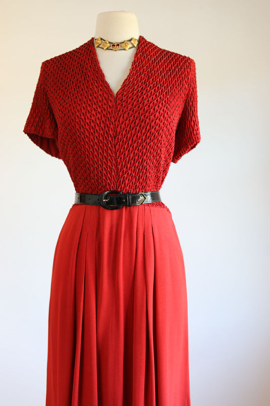 Vintage 1940s Gown - Spectacular Scarlet + Black Rayon Crepe Full Length Dress w Beading Size M