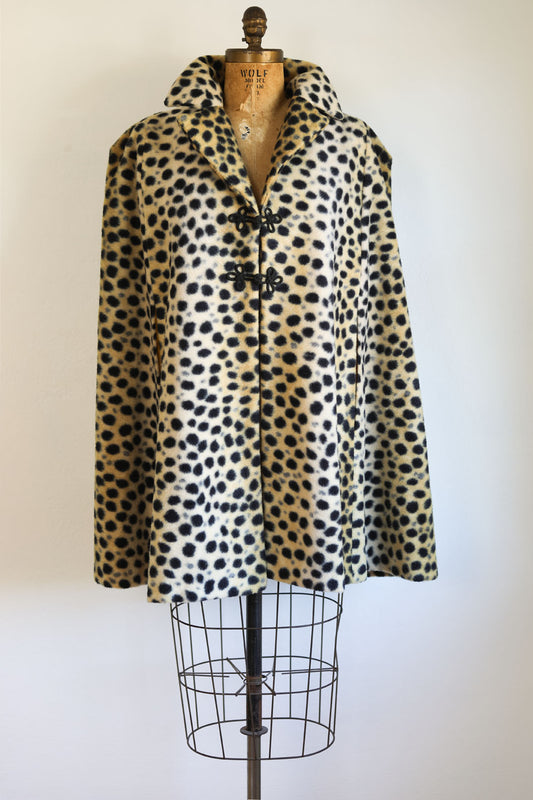 RESERVED! ON HOLD! Vintage 1960s Cape Coat - Gorgeous Leopard Print Faux Fur Fuzzy Cloak w Frog Closures Size S to XL