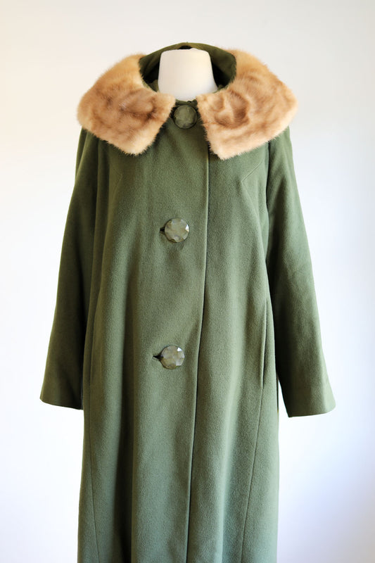 Vintage 1950s to 1960s Luxury Cashmere + Fur Coat - Olive Green w Blonde Mink Fancy Button Swing Overcoat Size M to L