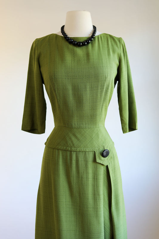 Vintage 1960s Dress - Bright Olive Green Designer Slubbed Cocktail Party Dress w Bakelite Size S