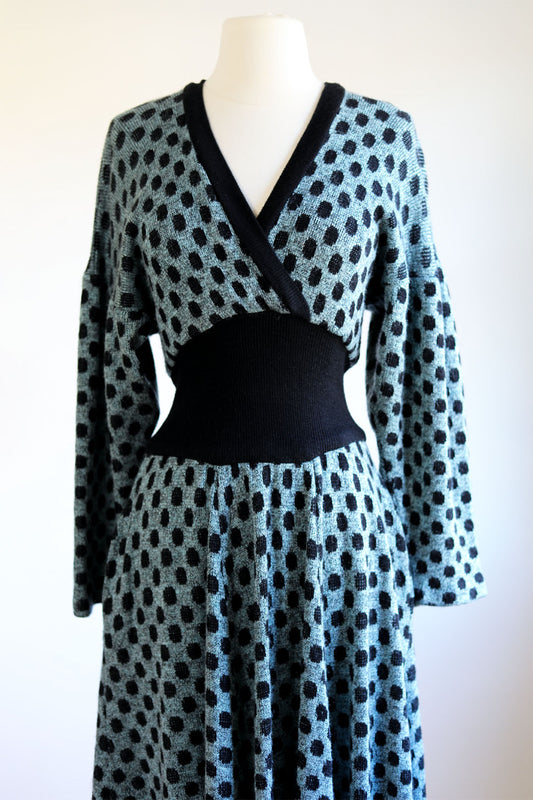 Vintage 1980s Knit Dress - Sexy Black Aqua Polka Dot Designer Knitwear Batwing Wasp Waist Size M to XL