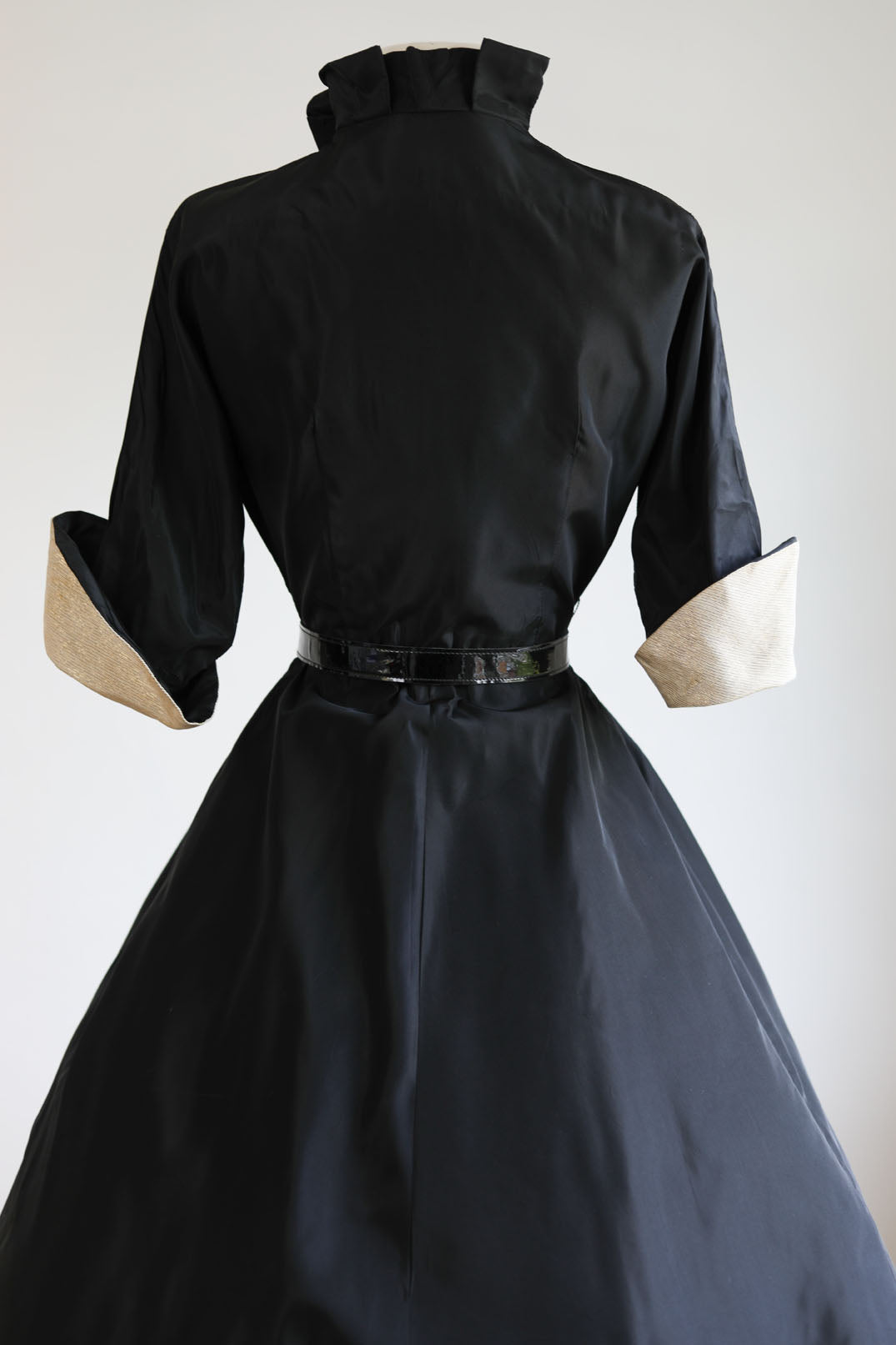 Vintage 1950s Shirtwaist - Witchy Beauty! Black Silk Taffeta + Gold Lurex Cuffs Party Dress Size S