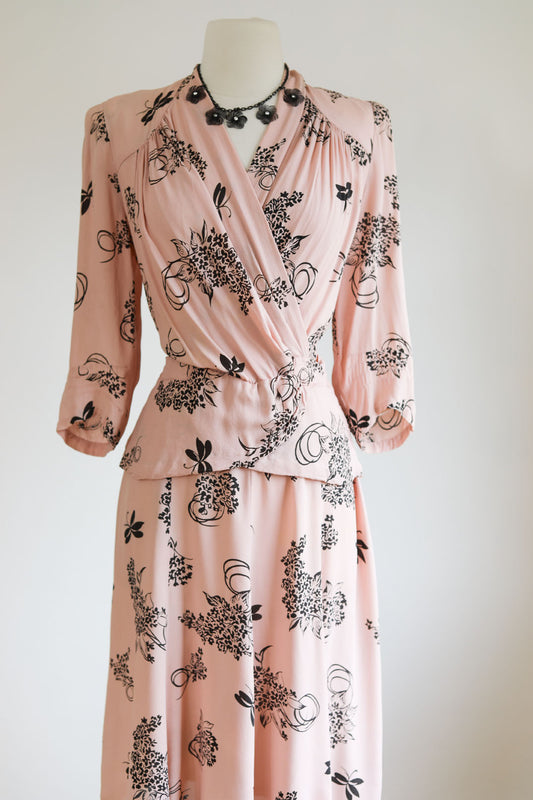 Vintage Late 1930s Dress - The Best! Pink + Black Butterfly Leaves Novelty Print Dress Size L to XL