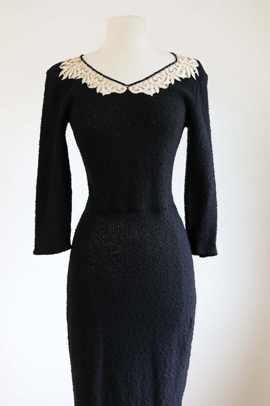 Vintage 1950s Knit Dress - Bombshell Black + Ivory Snyderknit Wool Boucle Knitwear Dress Size M to L