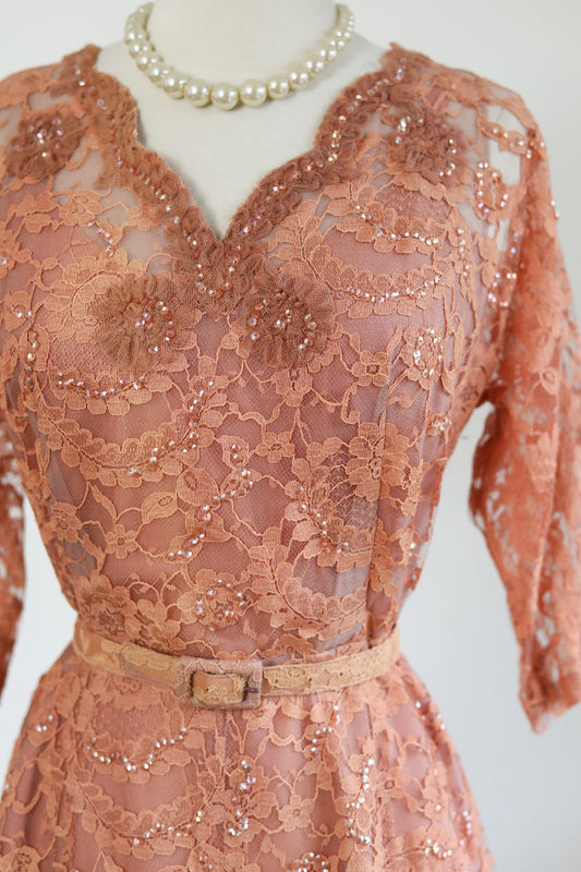 Vintage 1950s Party Dress - Exquisitely Beautiful Warm Coral Chantilly Lace Cocktail Dress Size L