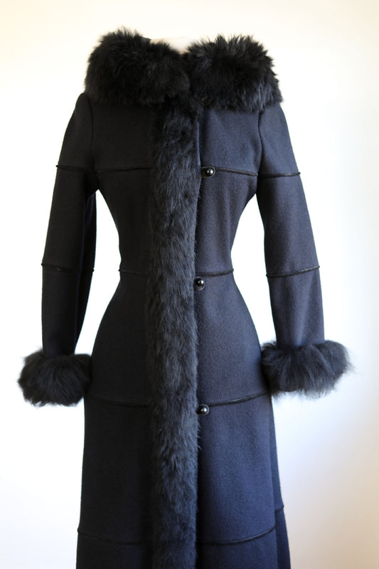 Vintage 1970s Black Shearling Fur Russian Princess Coat - Luxurious Maxi Length Belted Coat Size XS to S