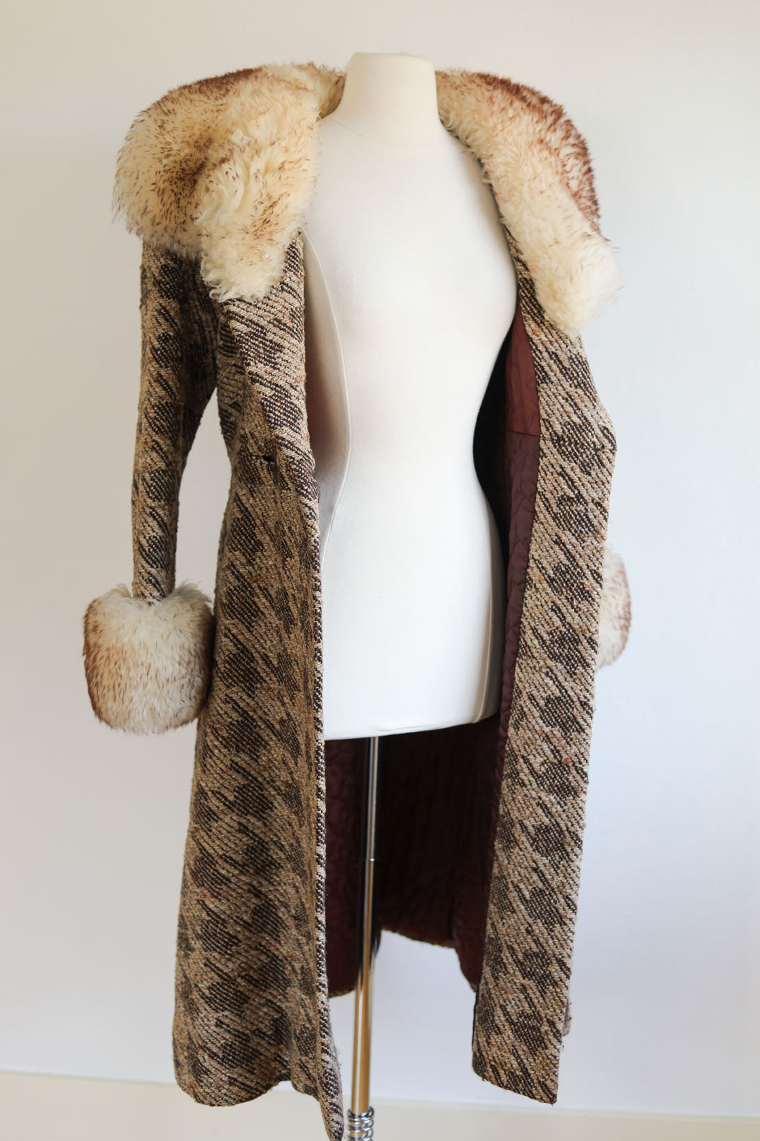 Vintage 1960s Shearling Fur Princess Coat - Superb! Nubby Tweed Wool Extra Lavish Coat Size S to M