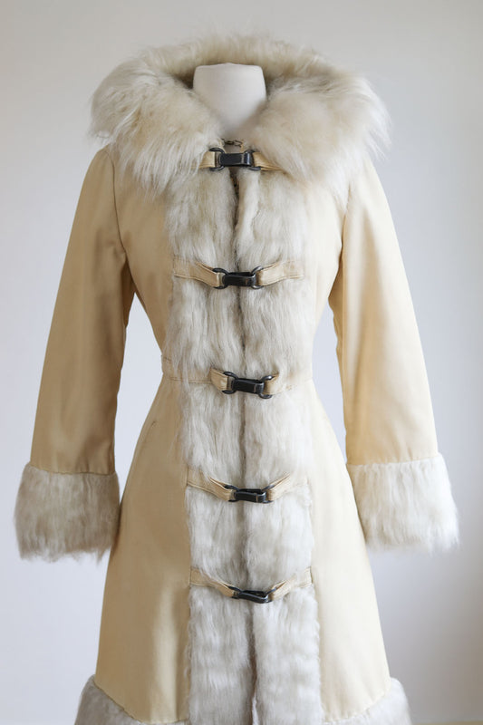 Documented Vintage 1972 Coat - HOODED American Bazaar 1970s Canvas + Faux Fur Princess Coat Size S to M