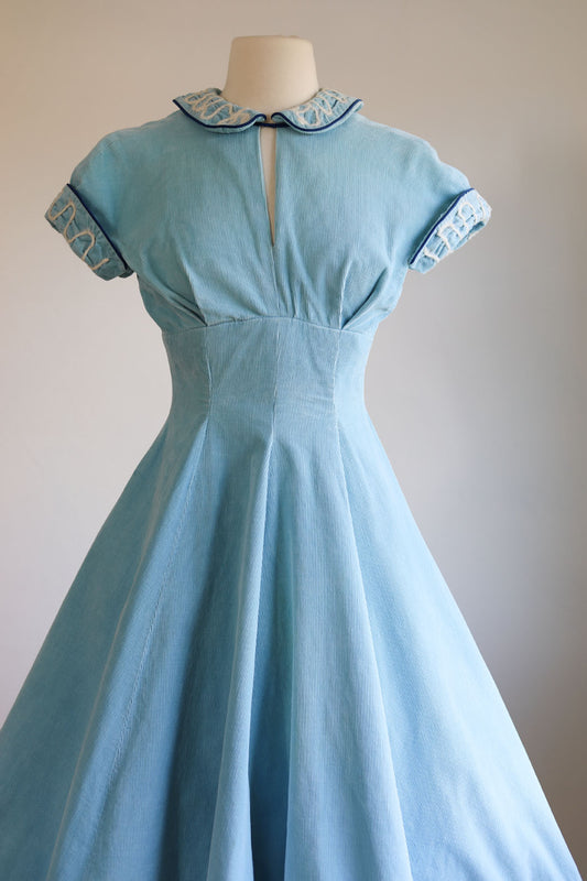 Vintage 1950s Dress - Sporty Frosty Blue Corduroy Cotton Dress w Angora Trim Size XS to S