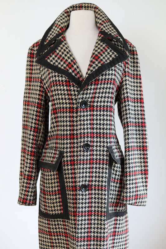 Vintage 1960s Designer Coat w Cape - RARE Sherlock Holmes Black Red Houndstooth Plaid Wool + Large Cloak Coat Size S to M