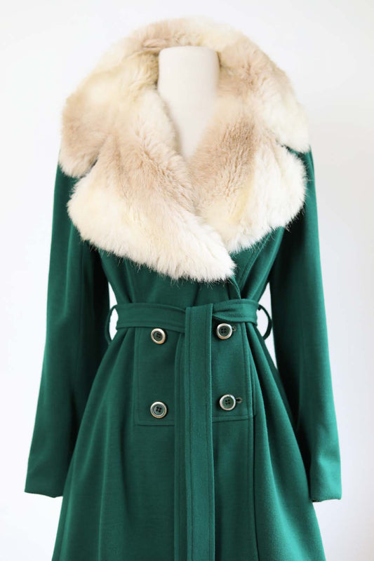 Vintage 1970s Green Princess Coat - Adorable Emerald Belted Car Coat w Lush Faux Fur Blonde Collar Size S to M