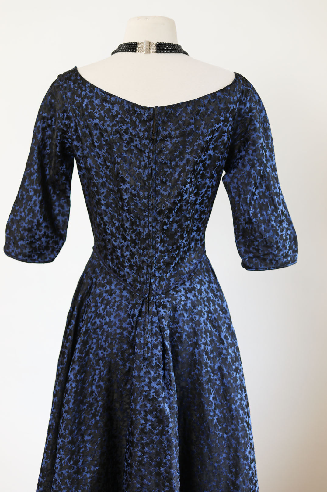 Vintage 1950s Dress - Sapphire + Black Brocade Ball Gown w Basque Maxi Waist Size S to M