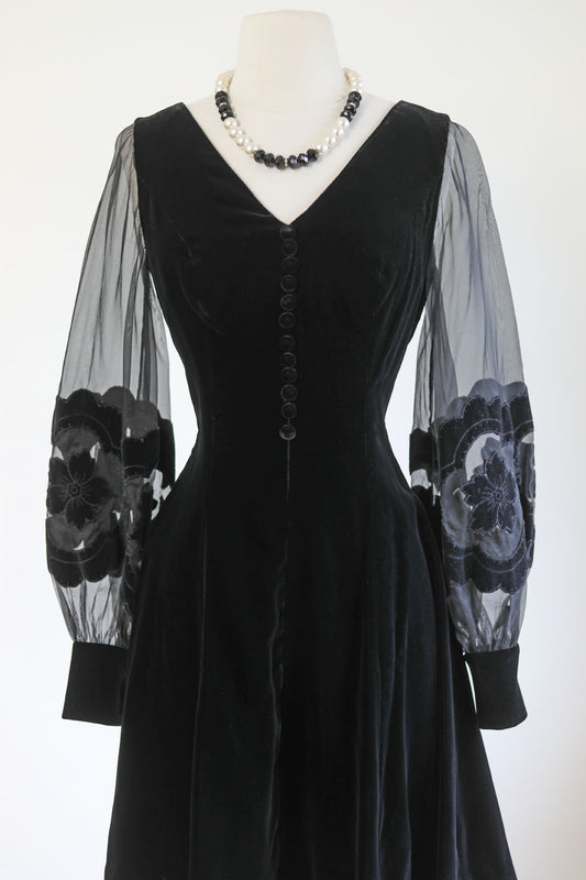 Vintage 1960s Black Velvet Dress - Luxe Midcentury Jet Black w Sheer Sleeves Cocktail Dress Size S to M
