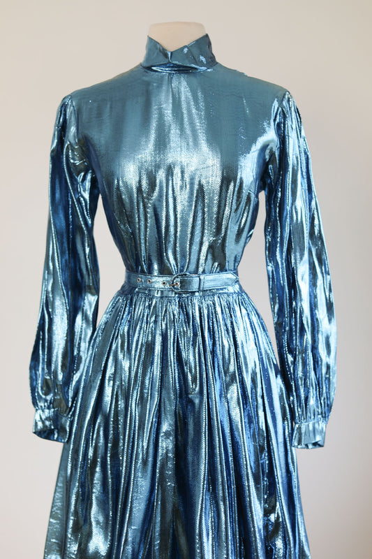 Vintage 1960s Blue Tinsel Lurex Dress - Rare Glittering Glossy Avant-Garde Midcentury Modern Cocktail Party Dress Size S to M