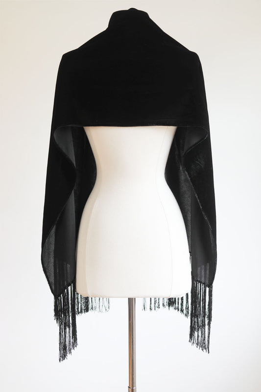 Vintage 1930s Silk Velvet Shawl - Fringed Jet Black Evening Wrap Size XS to XL (OSFA)