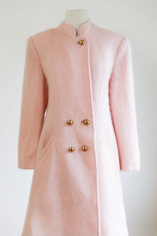 Vintage 1980s Princess Coat - Spectacular + Rare Pastel Pink Designer Mohair Coat w Brass Buttons Size M to L