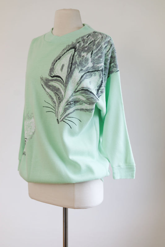 Vintage 1980s Novelty Fox Sweatshirt - Mint Green Cozy Jersey Top w Hand-Painted Fox "Stole" Size S to L