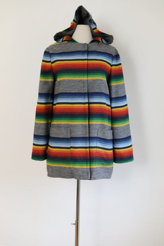 Vintage 1950s to 1970s Hooded Coat - Serape Wool Twill Colorful Blanket Stripe Surfer Bohemian w Hood Size S to M