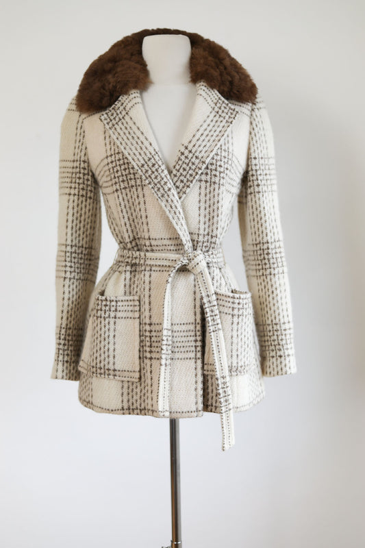 Vintage 1960s to 1970sp Icelandic Wool Princess Coat - Darling Neutral Cream + Tan "Icewool" Designer Car Coat w Belt Size S to M