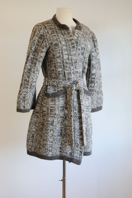 Vintage 1970s Irish Duster Sweater - Hand-Knit Neutral Pure Wool Belted Irish Fisherman's Cardigan Coat Size M