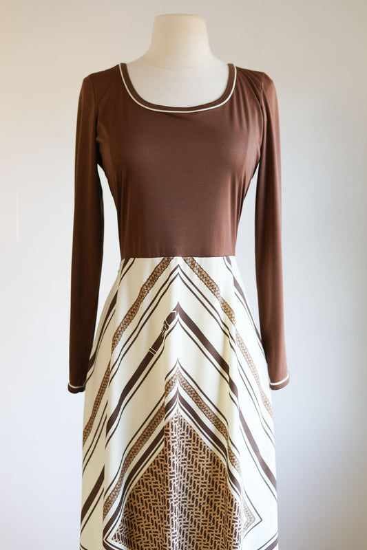 Vintage 1970s Alfred Shaheen Maxi Dress - Designer Jersey Equestrian Novelty Print Gown + Fringed Shawl Size M to L