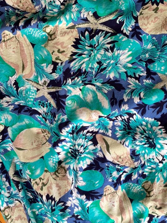 Vintage 1980s Novelty Under the Sea Sundress - Blue Cotton Seashell, Starfish, Peony Cotton Shirtwaist Dress Size XS to S